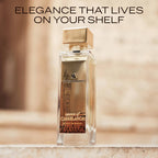 Swiss Arabian Essence of Casablanca Extrait de Parfum bottle on a stone ledge against sunlit Moroccan architecture, captioned Elegance That Lives On Your Shelf