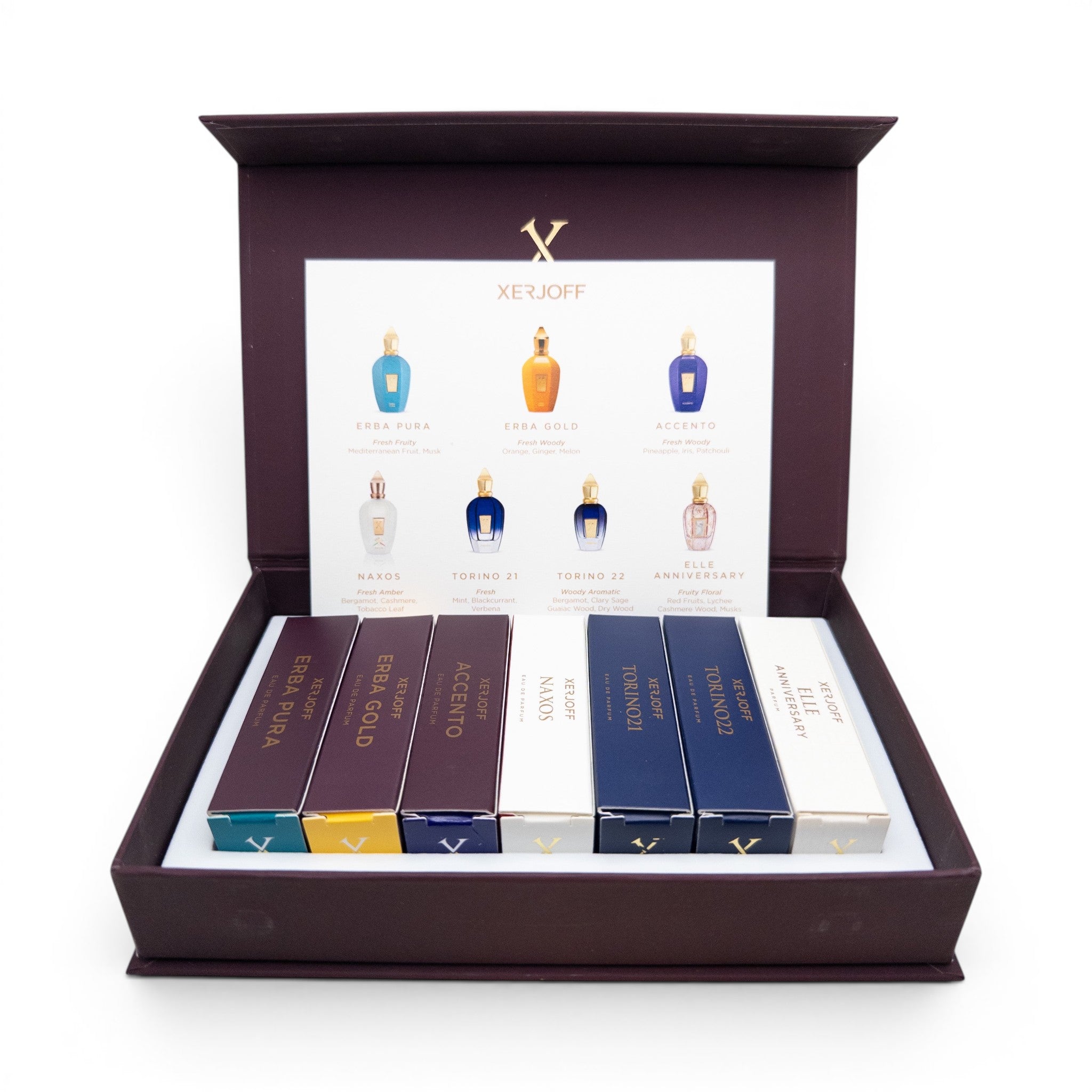 Xerjoff Discovery Set open box with 7 sample sprayers