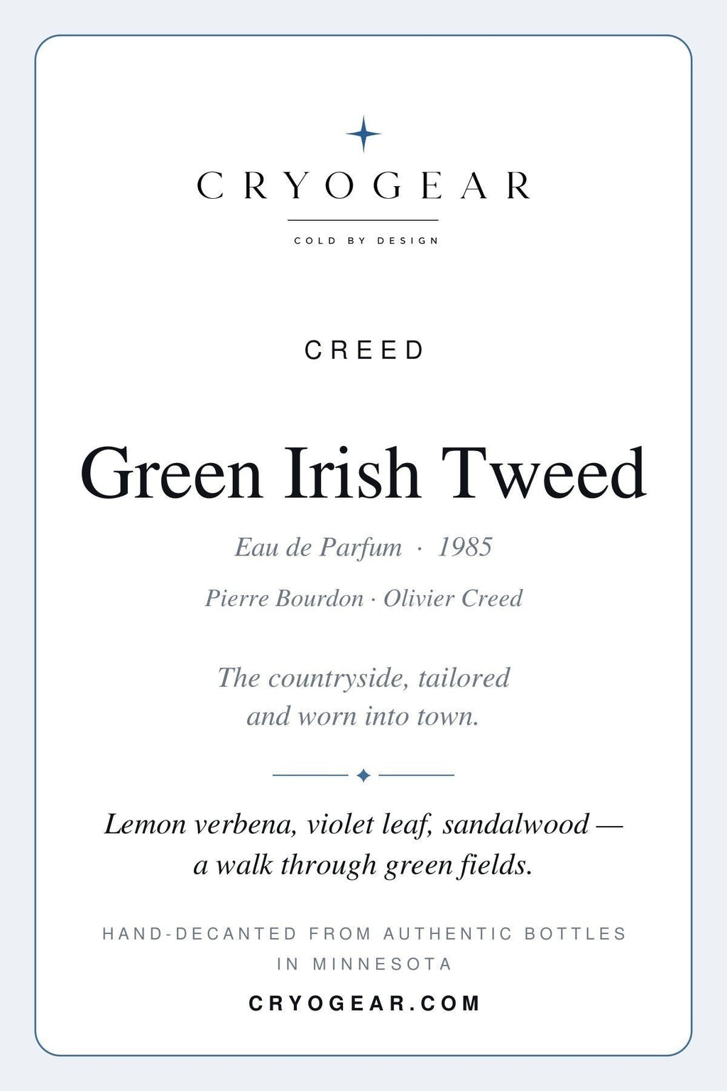 Cryogear scent card front — Green Irish Tweed