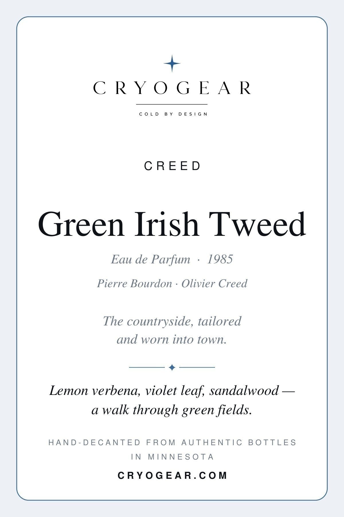 Cryogear scent card front — Green Irish Tweed