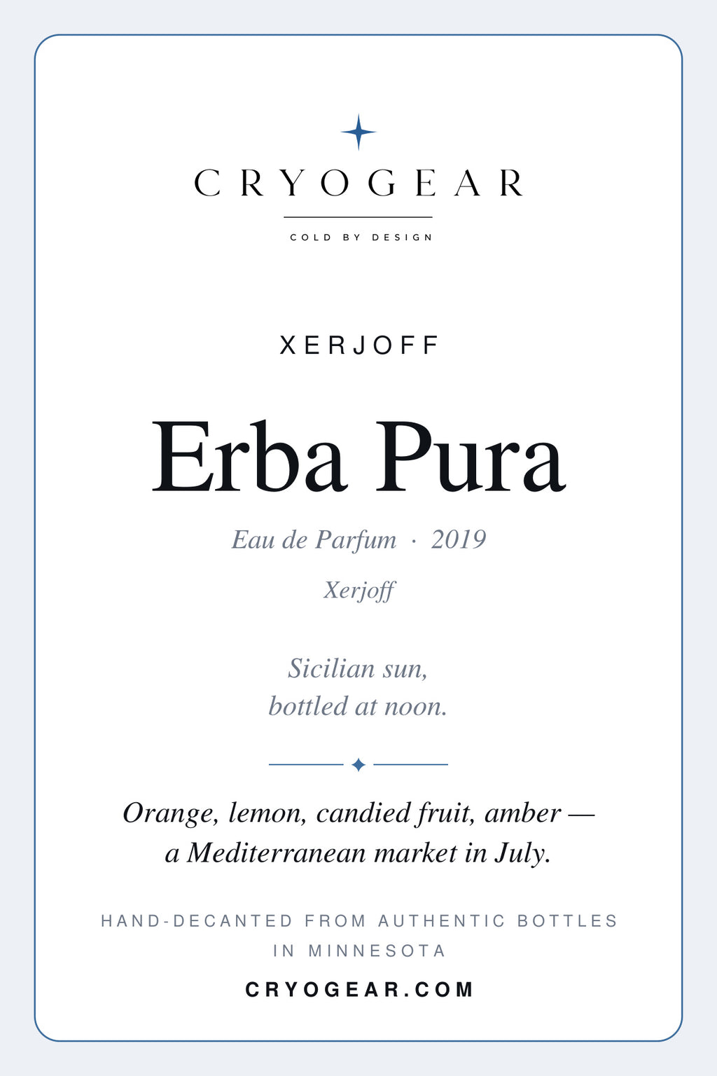 Cryogear scent card front — Erba Pura