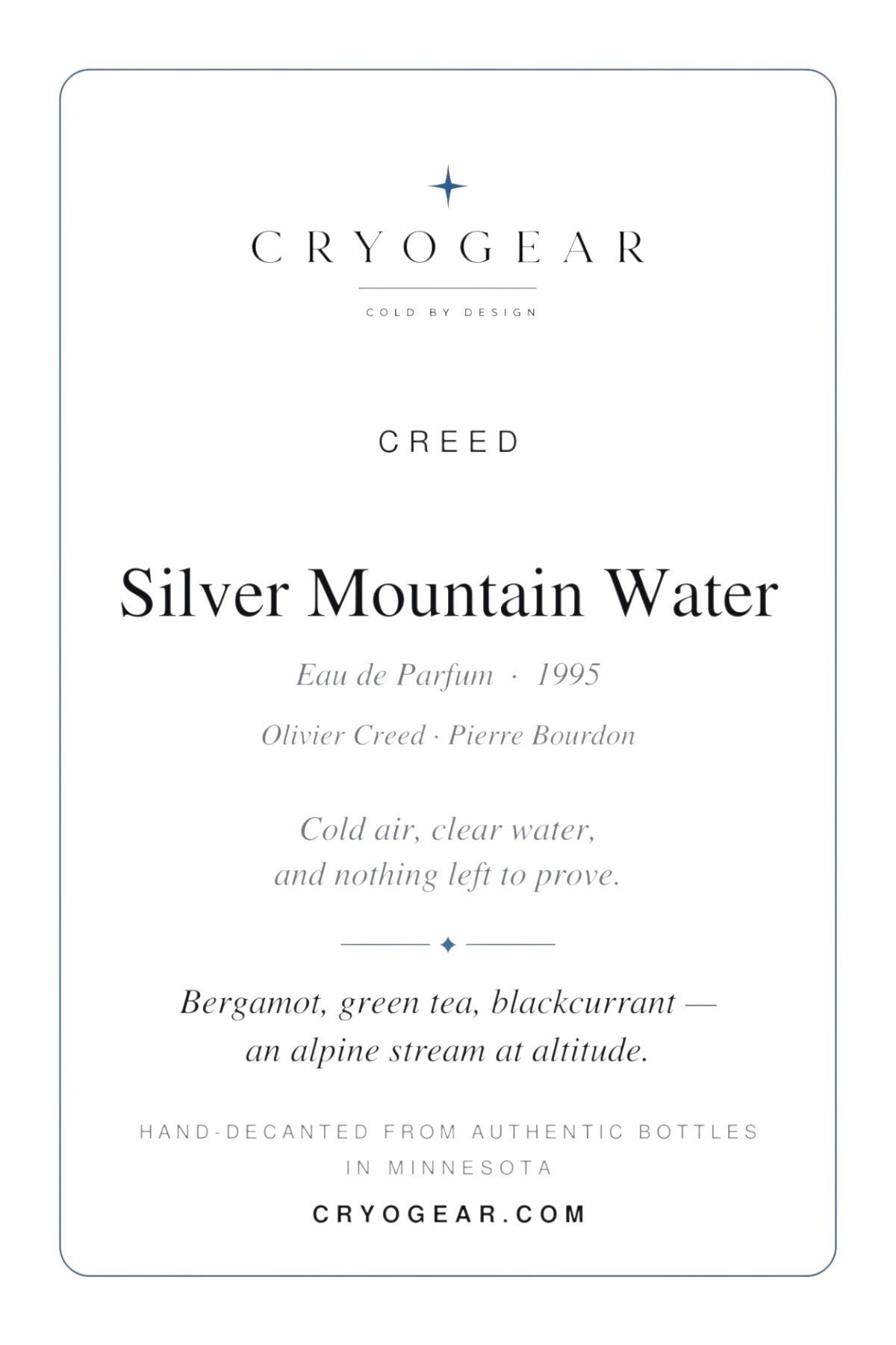 Cryogear scent card front — Silver Mountain Water