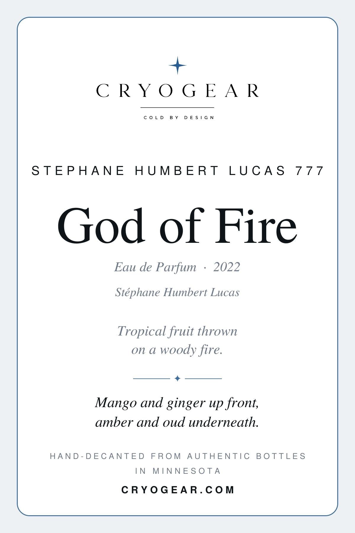 CryoGear scent card — God of Fire, front