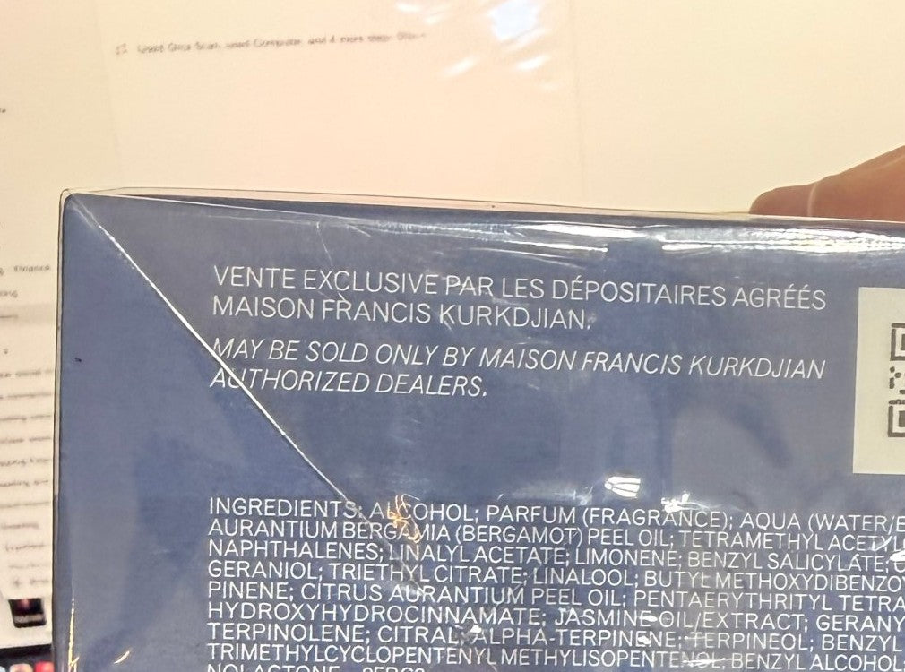 Maison Francis Kurkdjian 724 sealed box — batch code 526079 and barcode