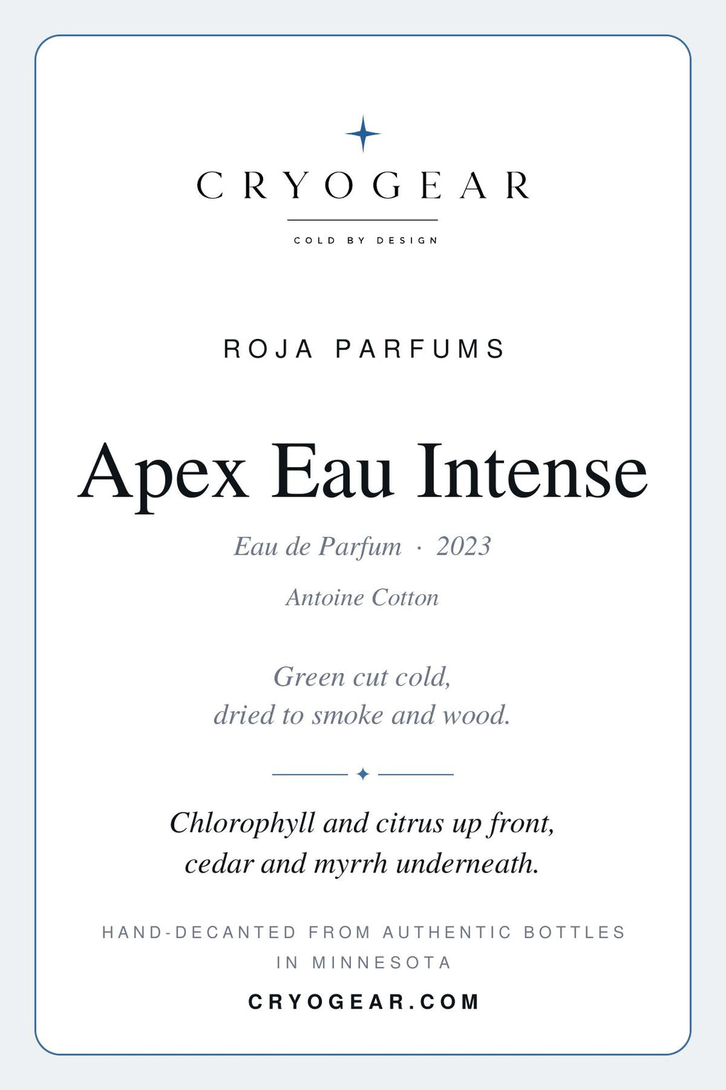 CryoGear scent card — Apex Eau Intense, front