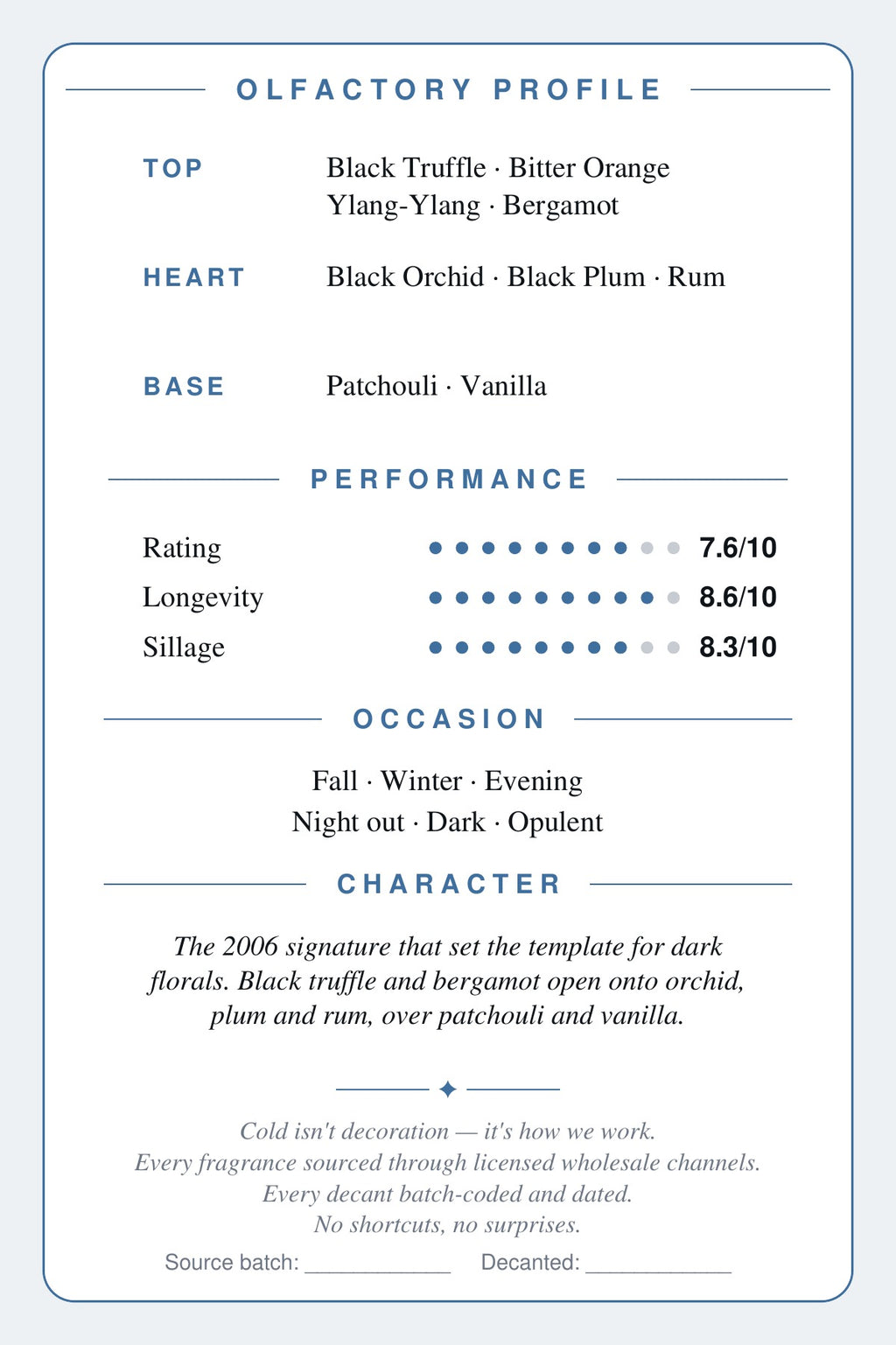 Cryogear scent card — Black Orchid (back)