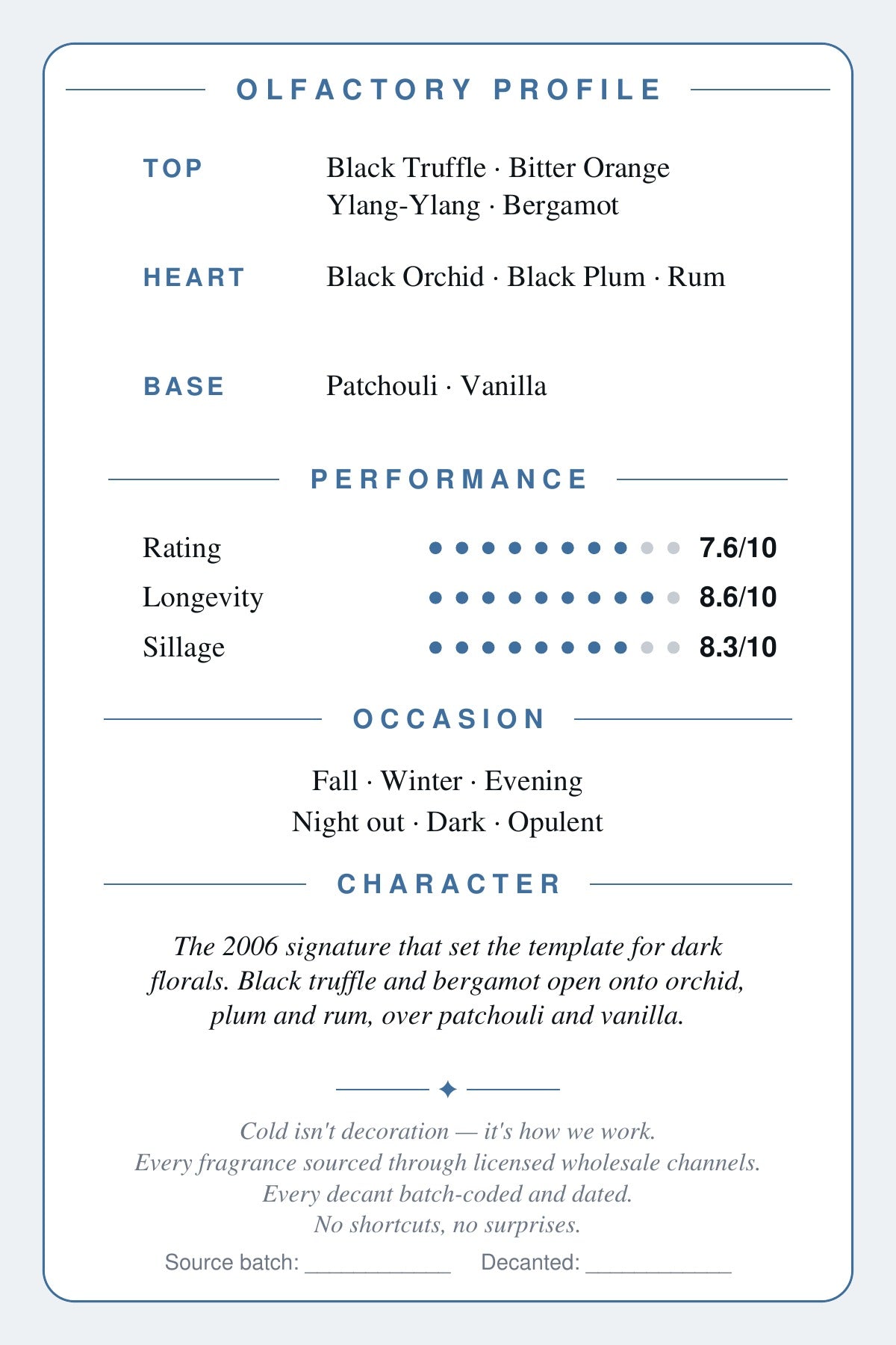 Cryogear scent card — Black Orchid (back)
