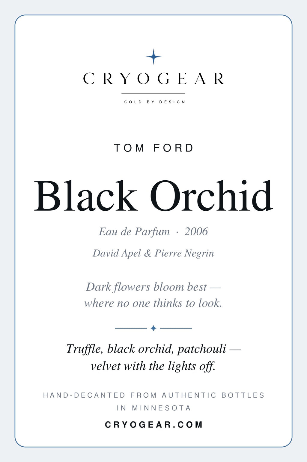 Cryogear scent card — Black Orchid (front)