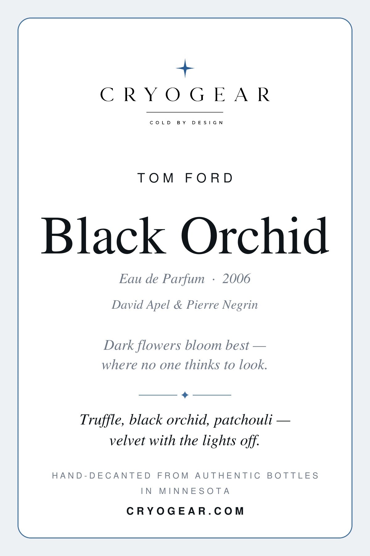 Cryogear scent card — Black Orchid (front)