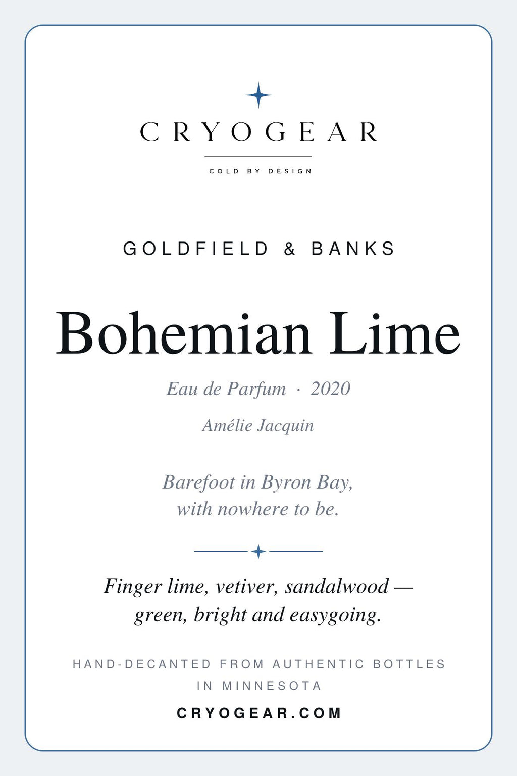 CryoGear scent card — Bohemian Lime (front)
