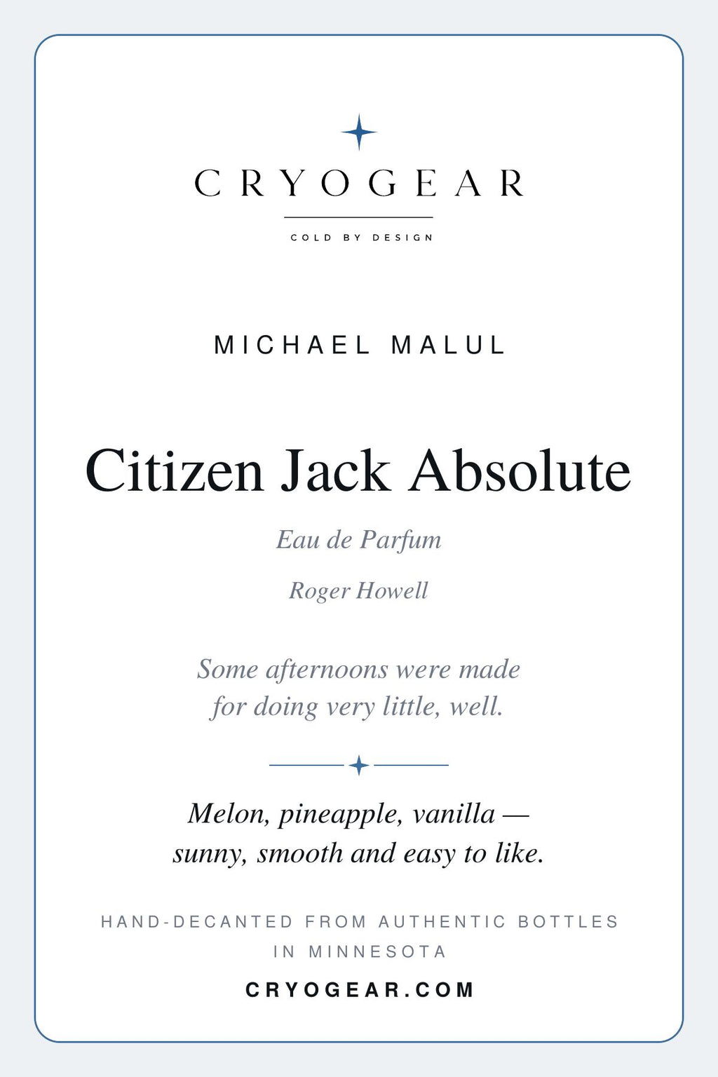 CryoGear scent card — Citizen Jack Absolute (front)