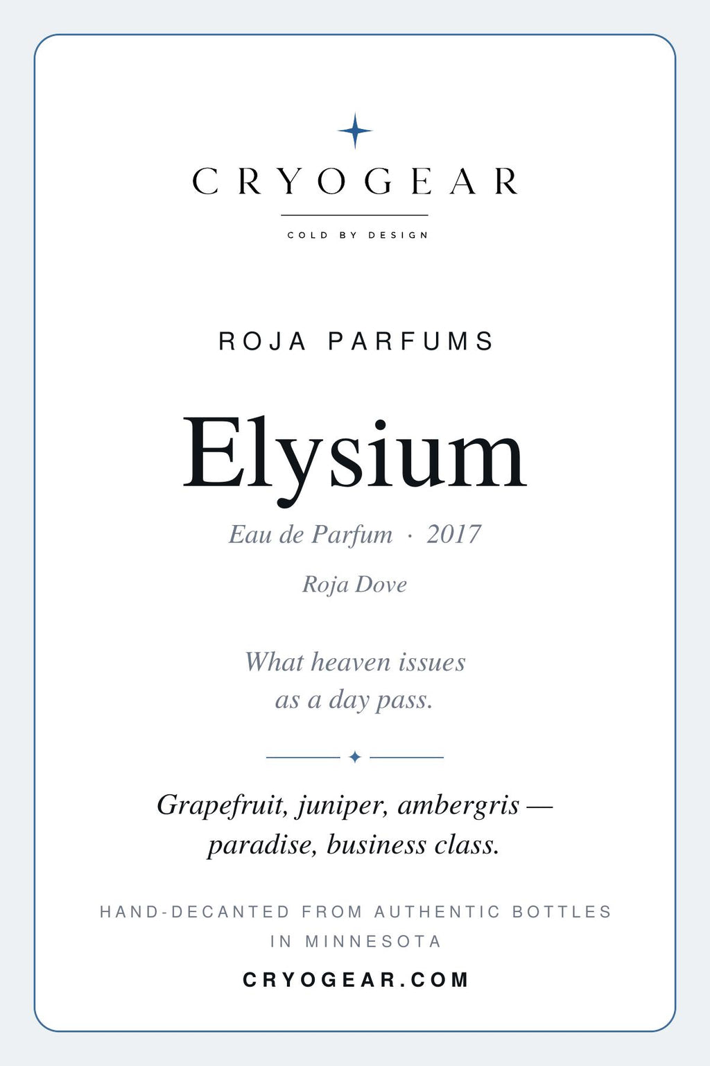 Cryogear scent card — Elysium Pour Homme (front)