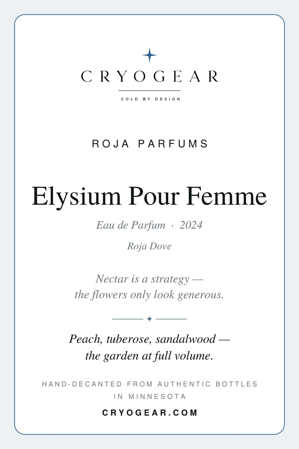 Cryogear scent card — Elysium Pour Femme (front)
