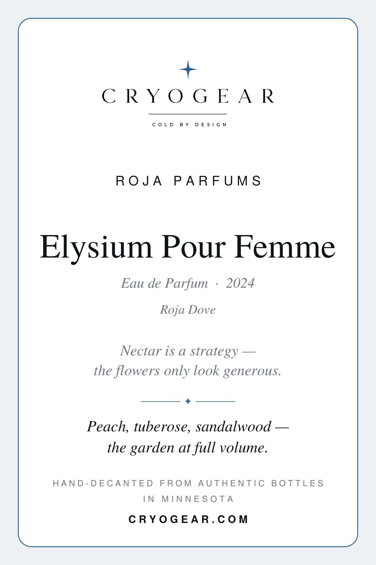 Cryogear scent card — Elysium Pour Femme (front)