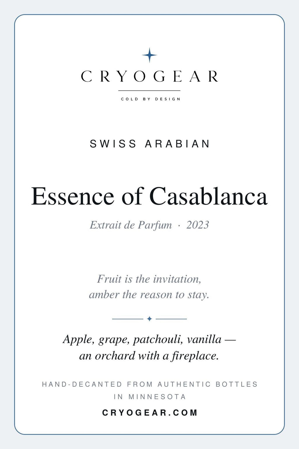 Cryogear scent card for Swiss Arabian Essence of Casablanca, front: house, fragrance name, concentration and note pyramid