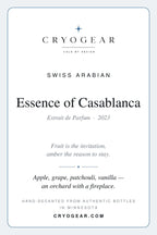 Cryogear scent card for Swiss Arabian Essence of Casablanca, front: house, fragrance name, concentration and note pyramid