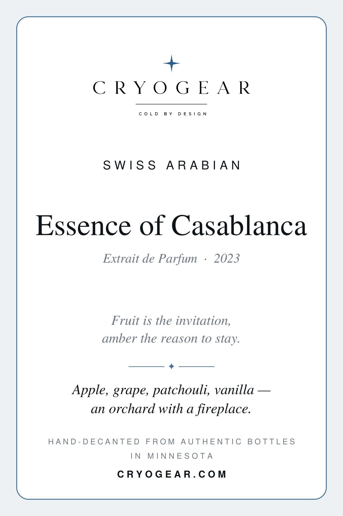 Cryogear scent card for Swiss Arabian Essence of Casablanca, front: house, fragrance name, concentration and note pyramid