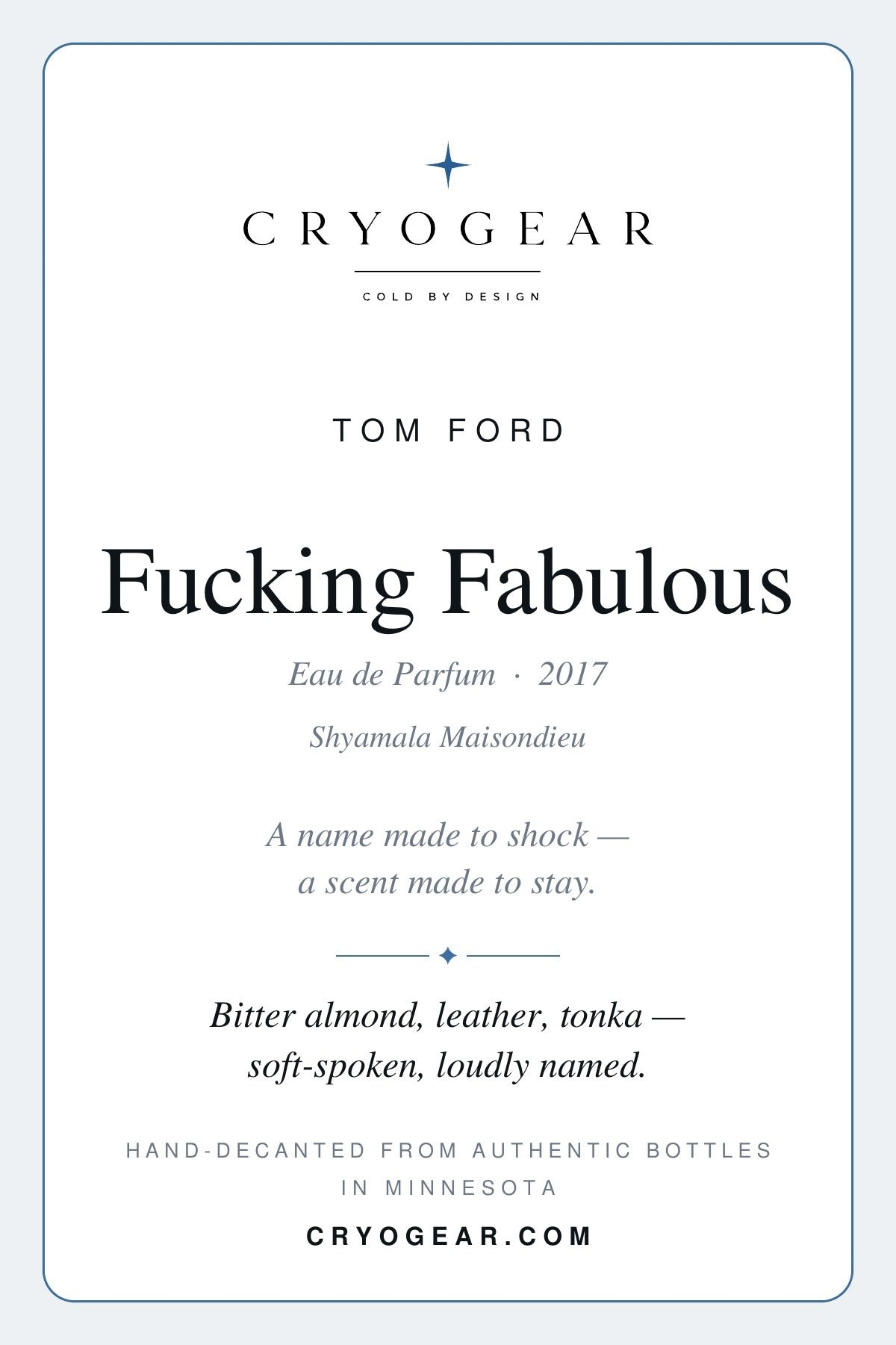 Cryogear scent card — Fucking Fabulous (front)