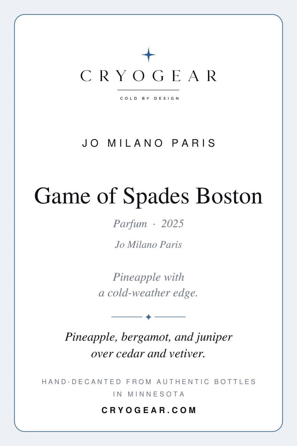 Cryogear scent card — Game of Spades Boston (front)