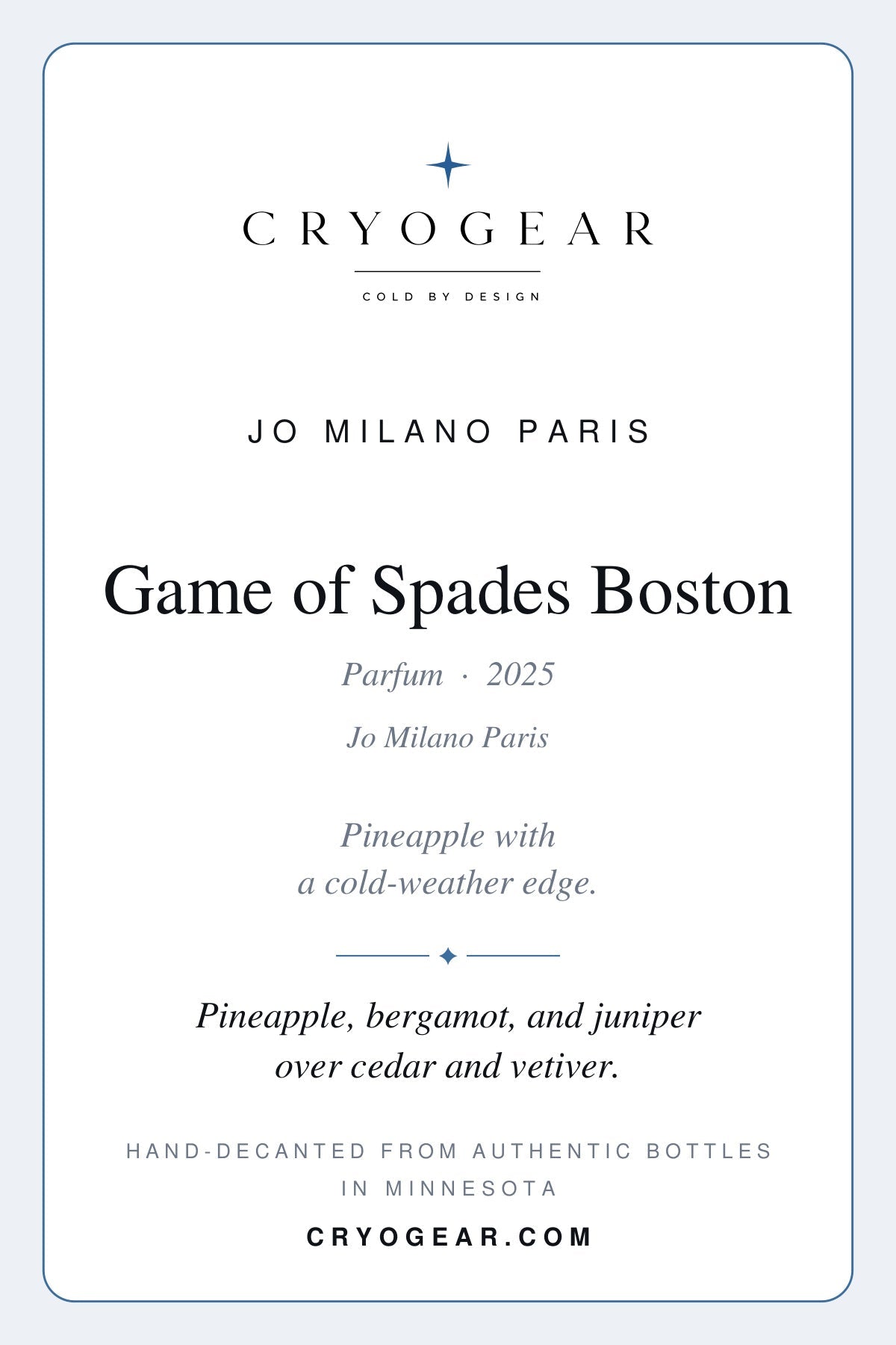 Cryogear scent card — Game of Spades Boston (front)
