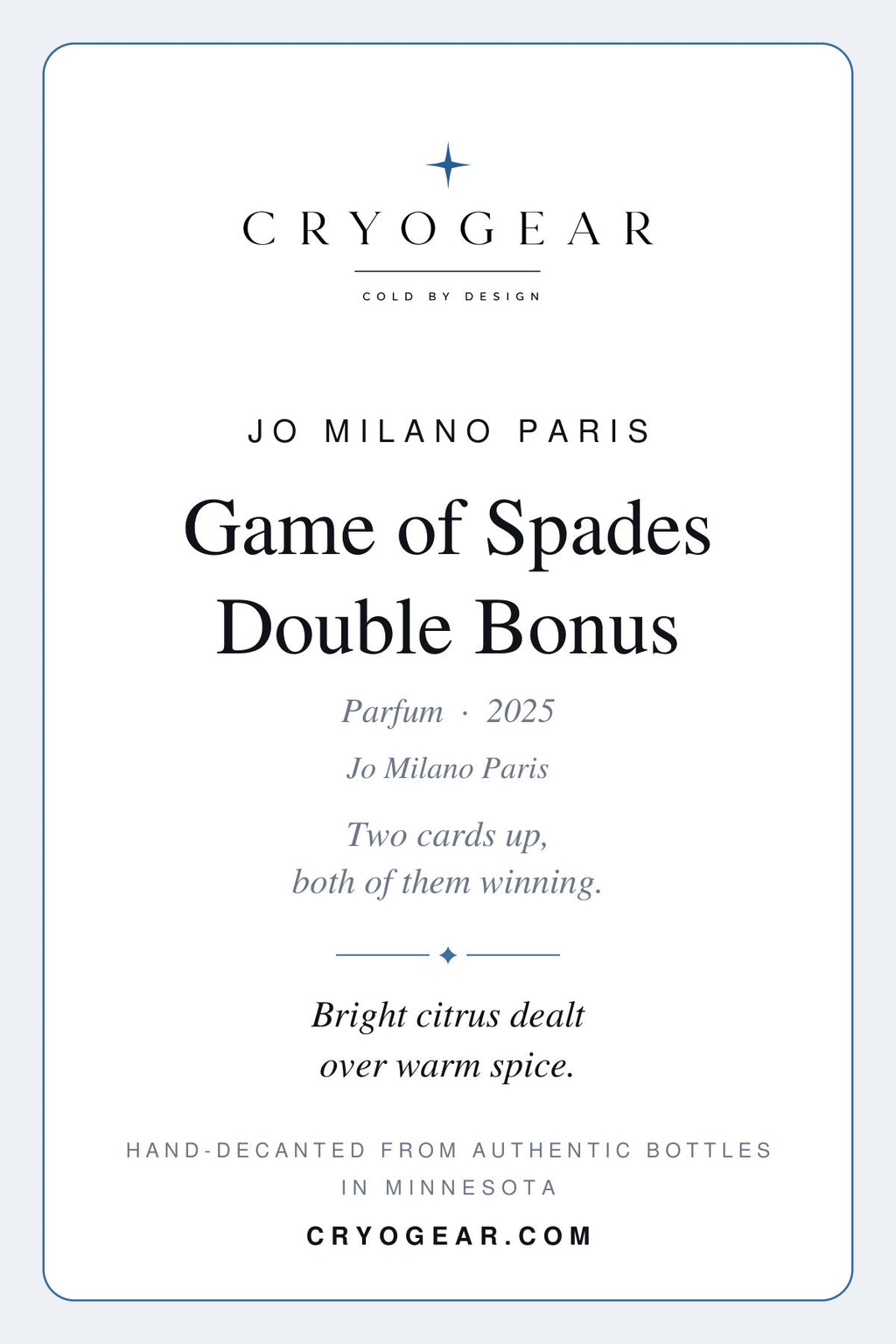 Cryogear scent card — Game of Spades Double Bonus (front)