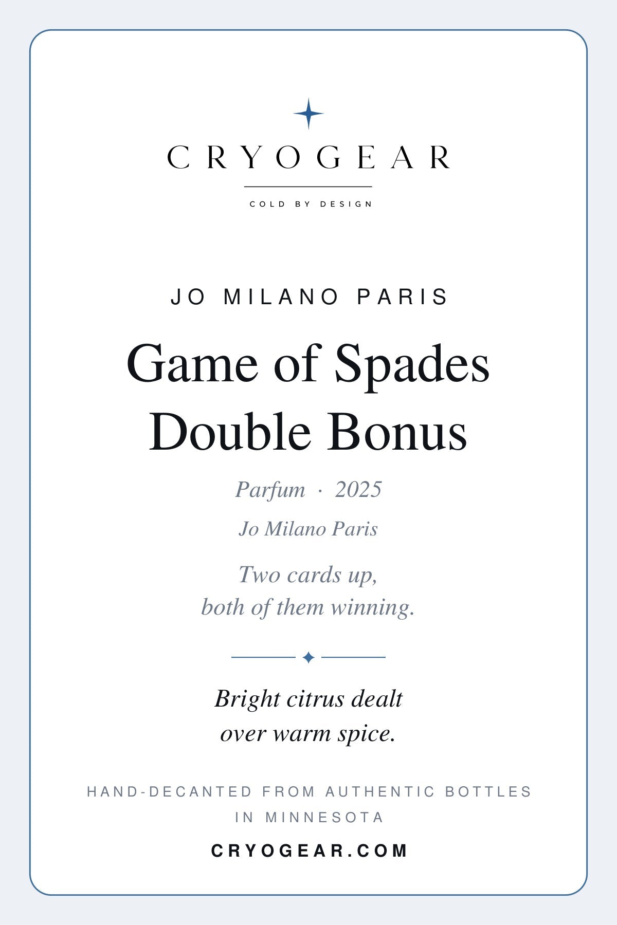 Cryogear scent card — Game of Spades Double Bonus (front)