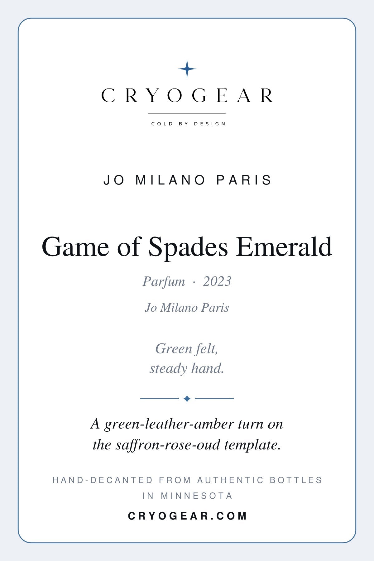 Cryogear scent card — Game of Spades Emerald (front)