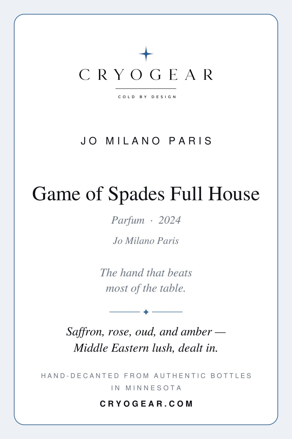 Cryogear scent card — Game of Spades Full House (front)