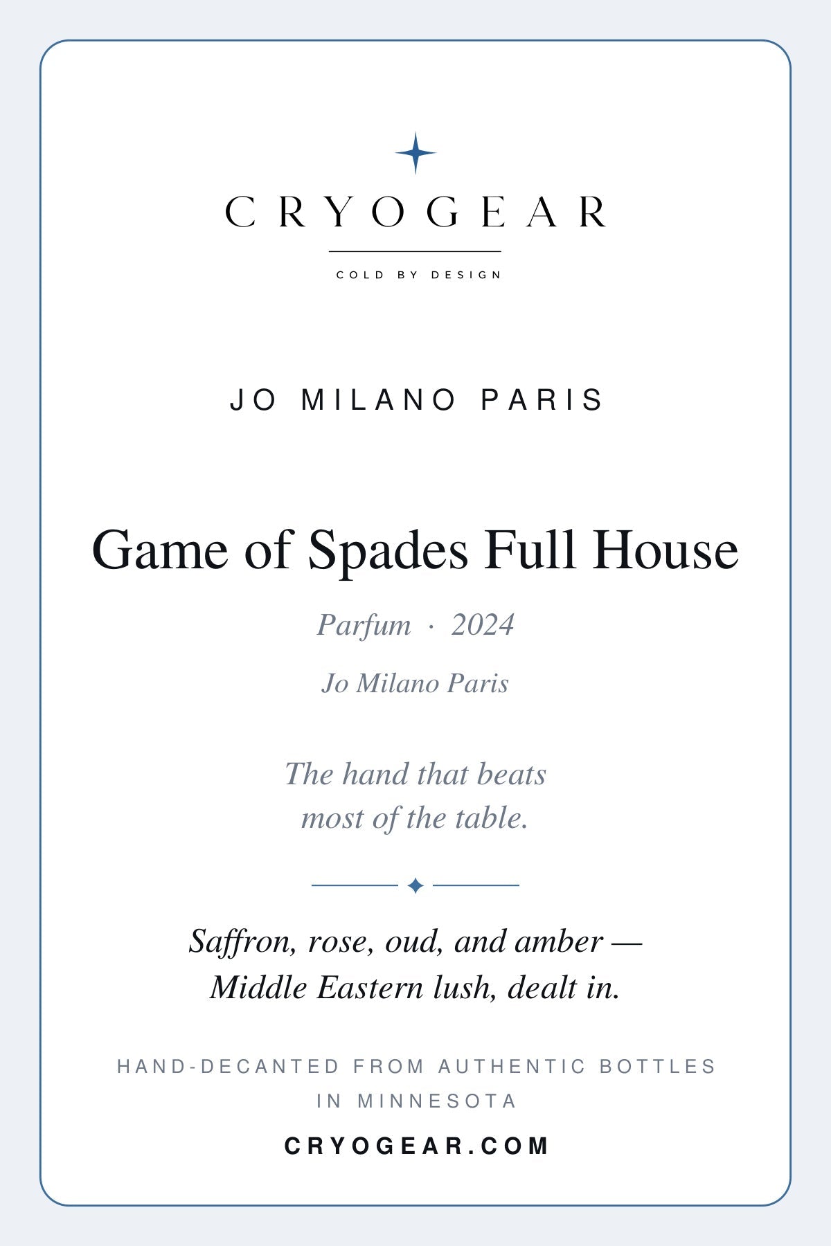 Cryogear scent card — Game of Spades Full House (front)
