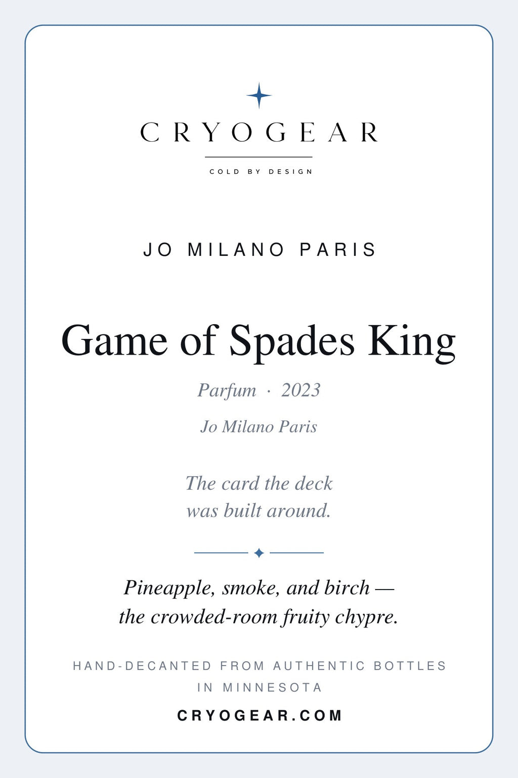 Cryogear scent card — Game of Spades King (front)