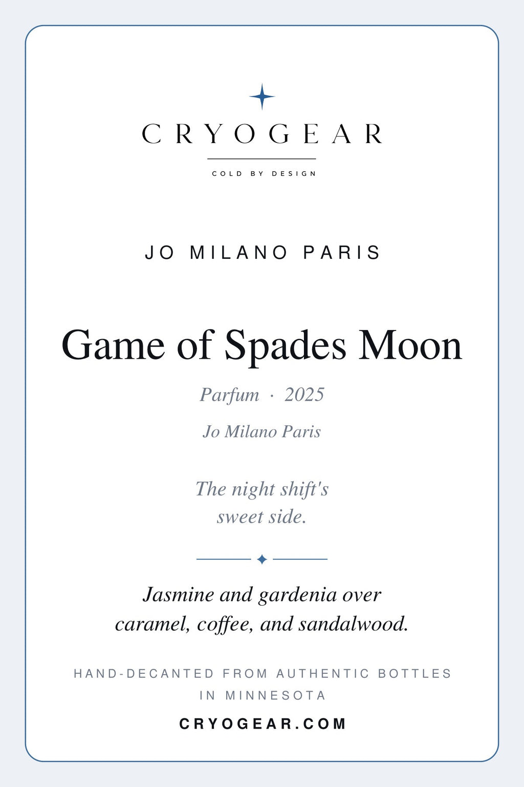 Cryogear scent card — Game of Spades Moon (front)