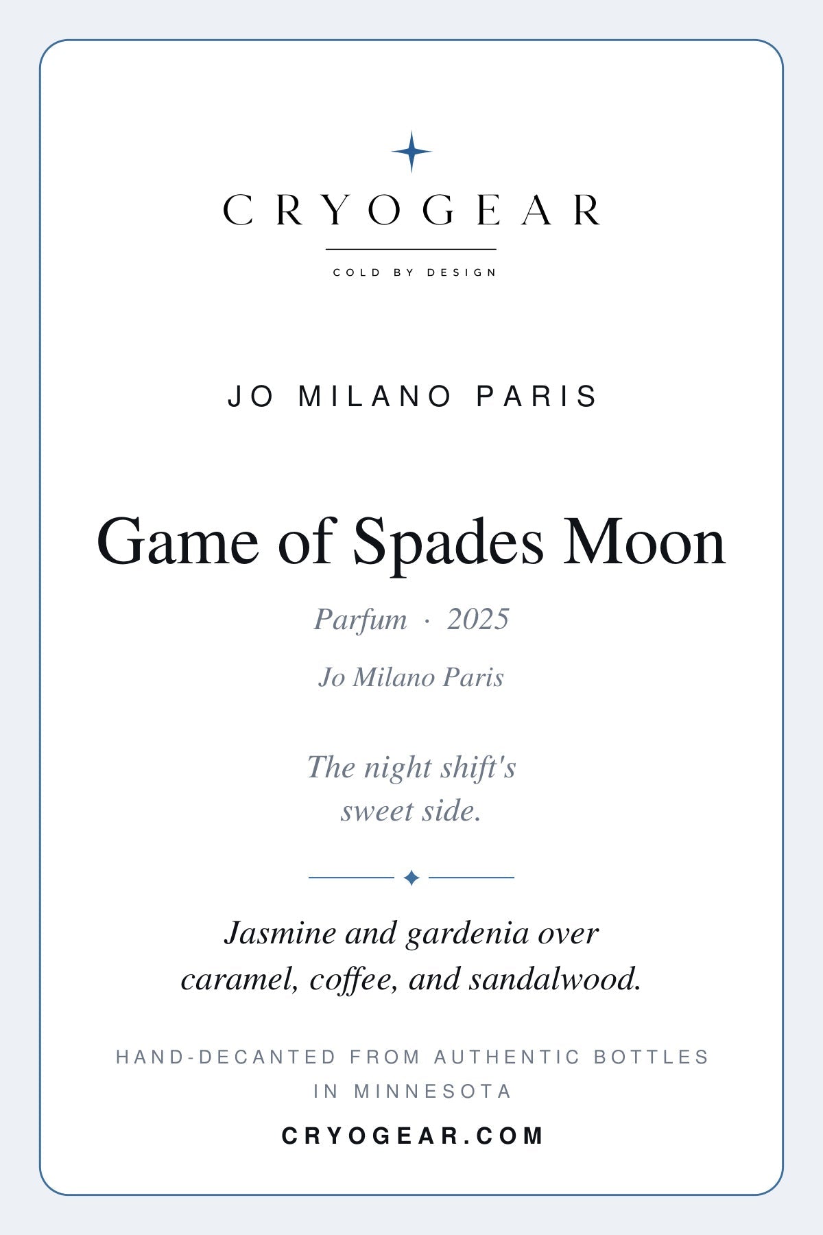 Cryogear scent card — Game of Spades Moon (front)