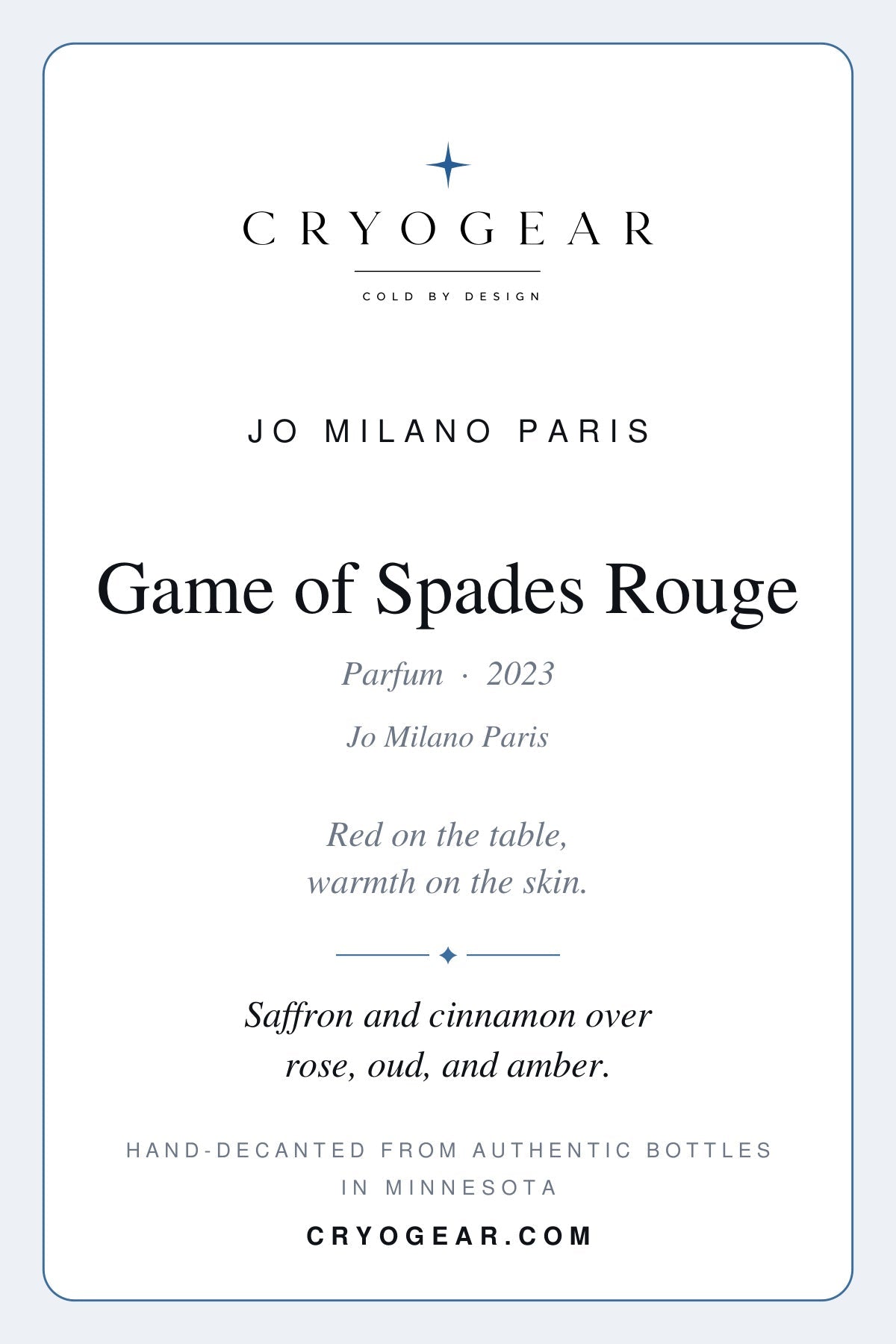 Cryogear scent card — Game of Spades Rouge (front)