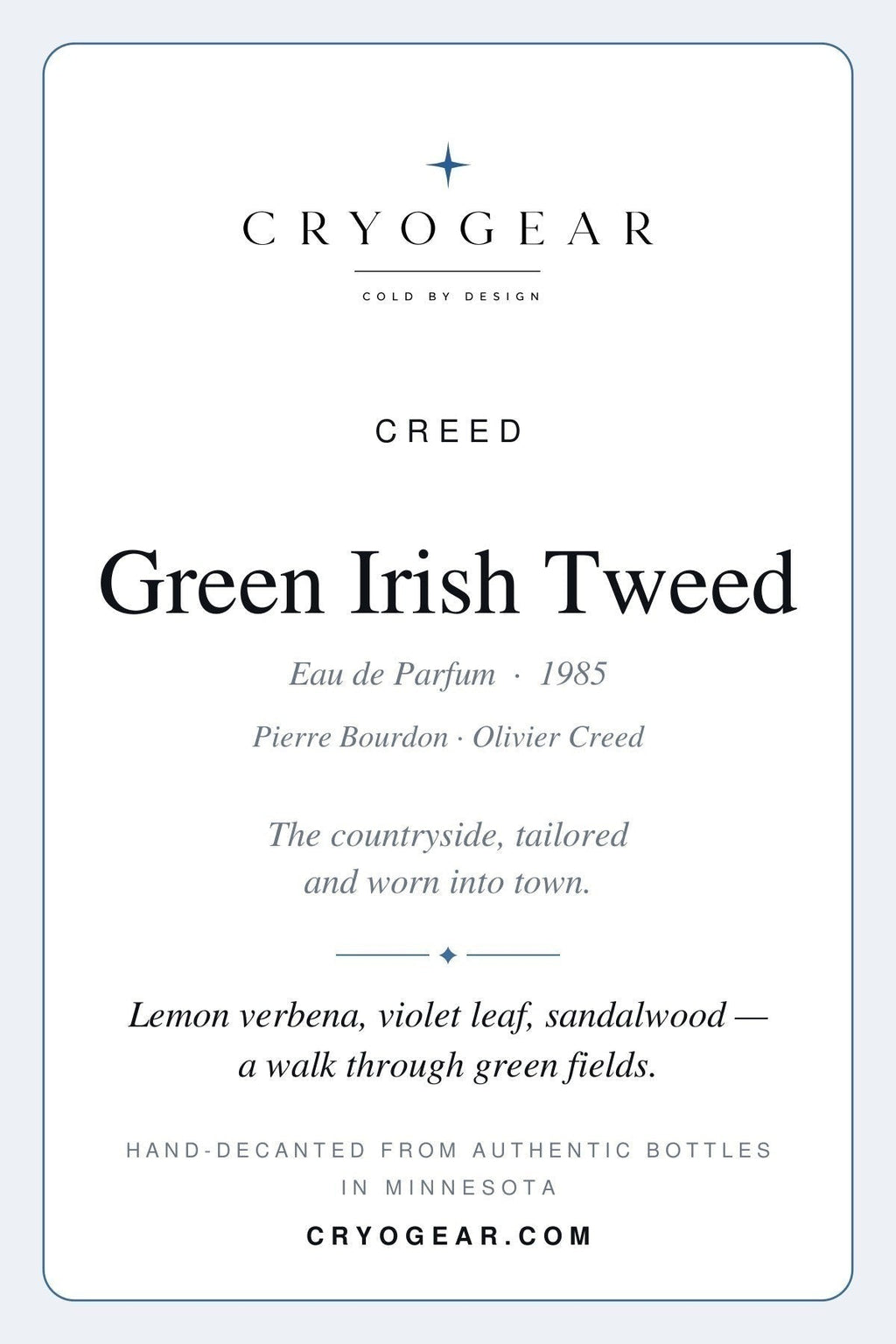 Cryogear scent card front — Green Irish Tweed