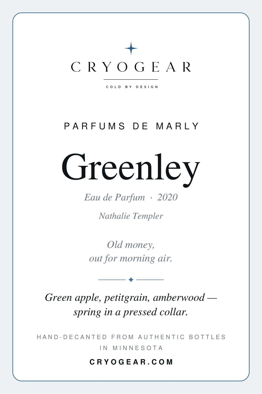 Parfums de Marly Greenley scent card — front
