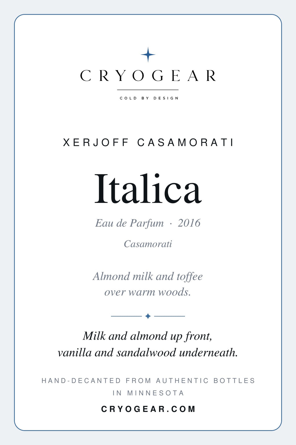 CryoGear scent card — Italica, front