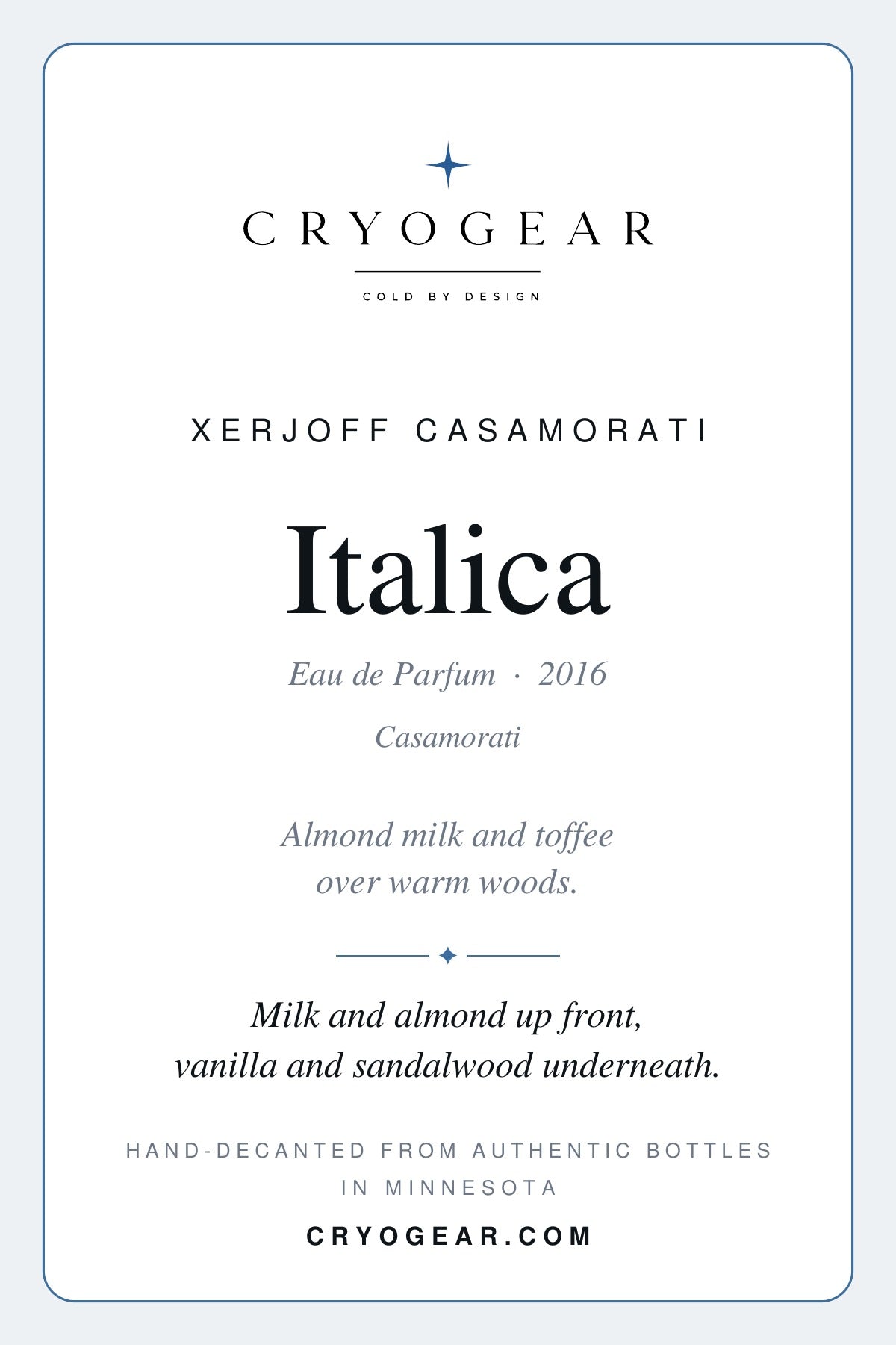 CryoGear scent card — Italica, front