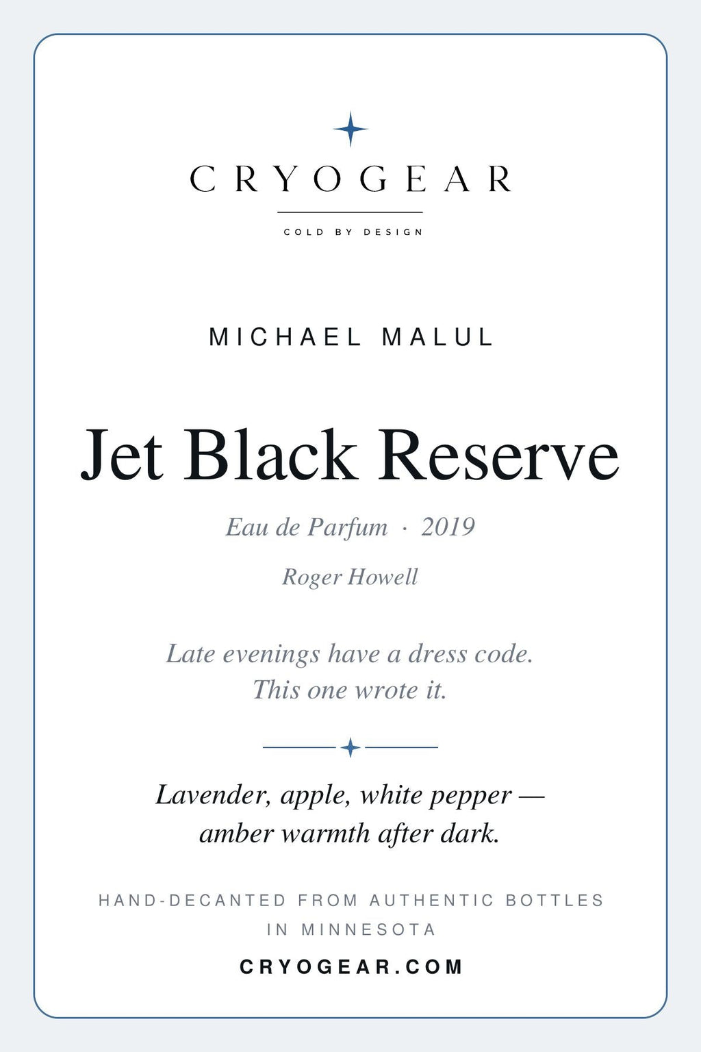 CryoGear scent card — Jet Black Reserve