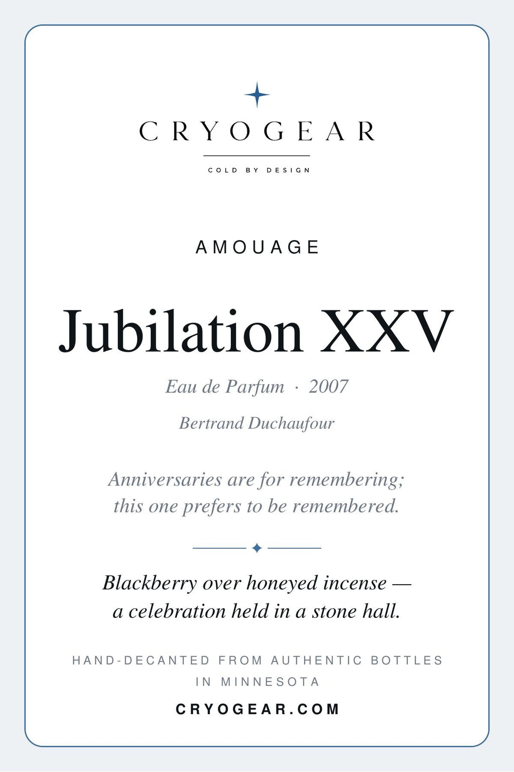 Amouage Jubilation XXV scent card — front