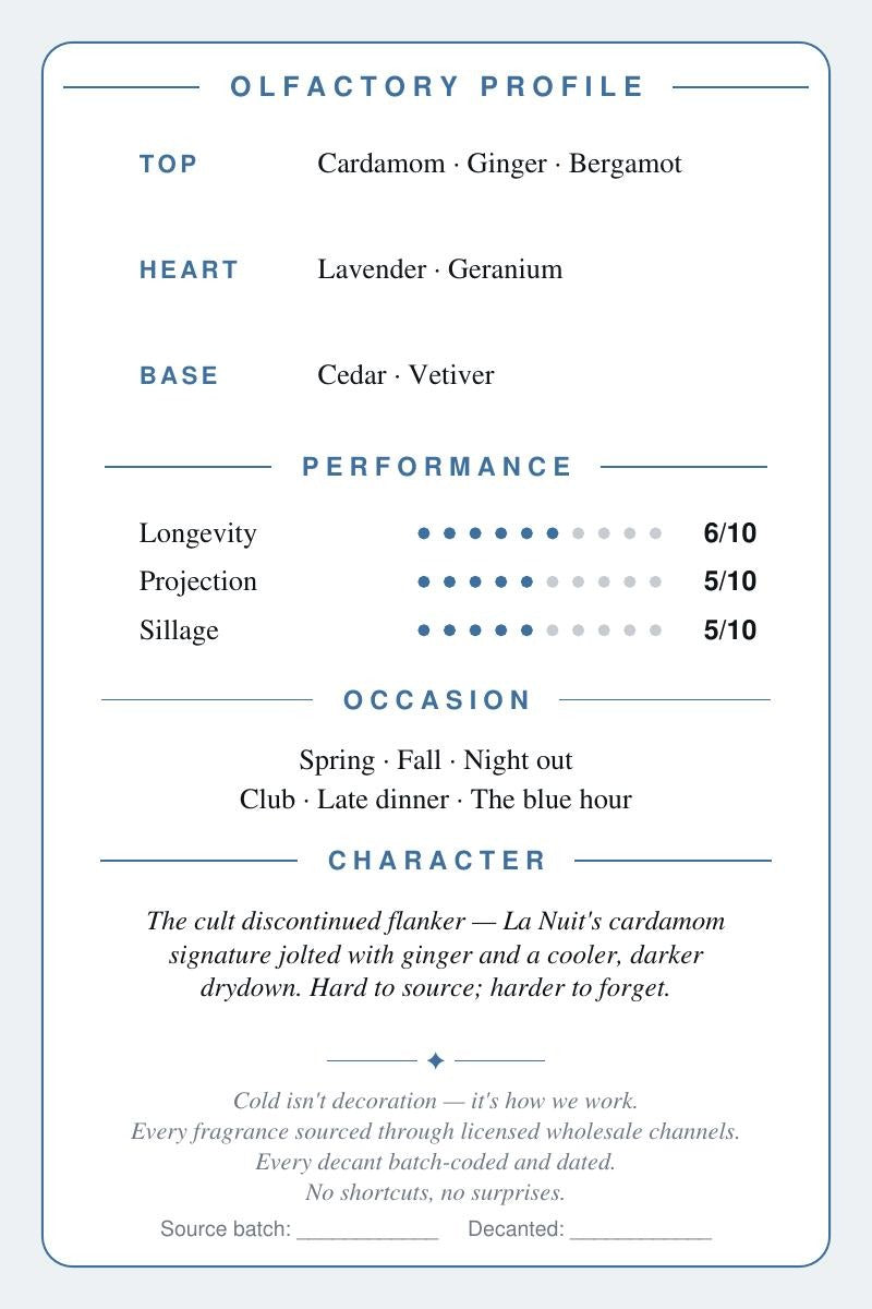 Cryogear scent card — La Nuit de L'Homme Bleu Électrique (back)