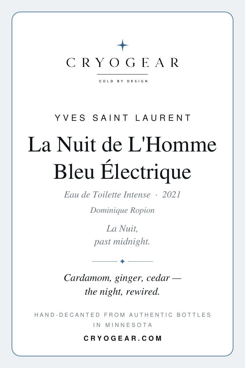 Cryogear scent card — La Nuit de L'Homme Bleu Électrique (front)