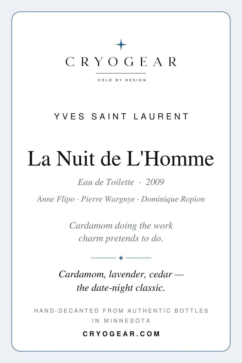 La Nuit de L'Homme scent card — front