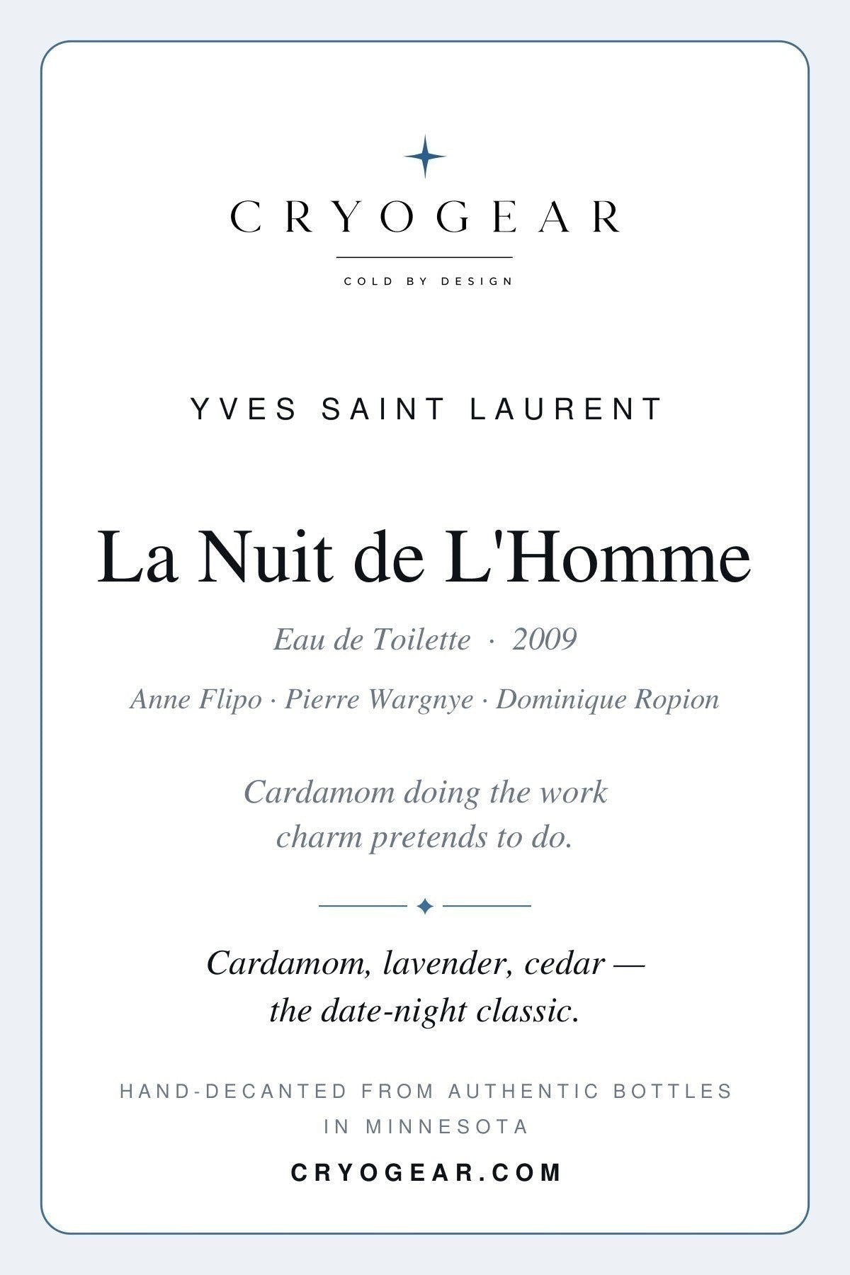 La Nuit de L'Homme scent card — front