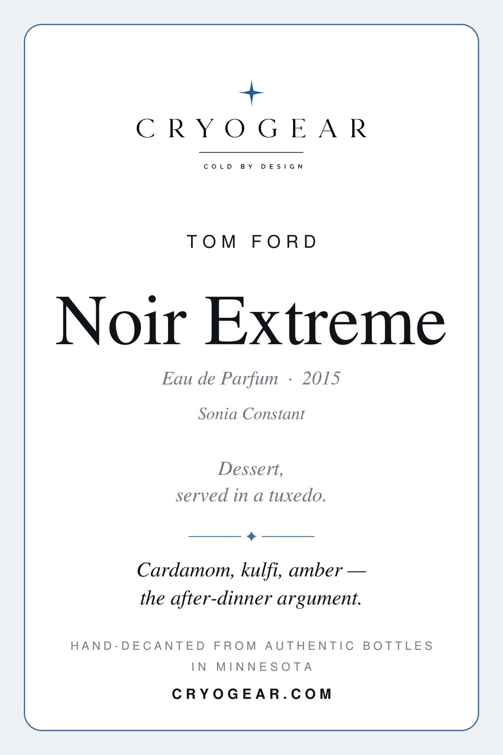 Cryogear scent card — Noir Extreme (front)