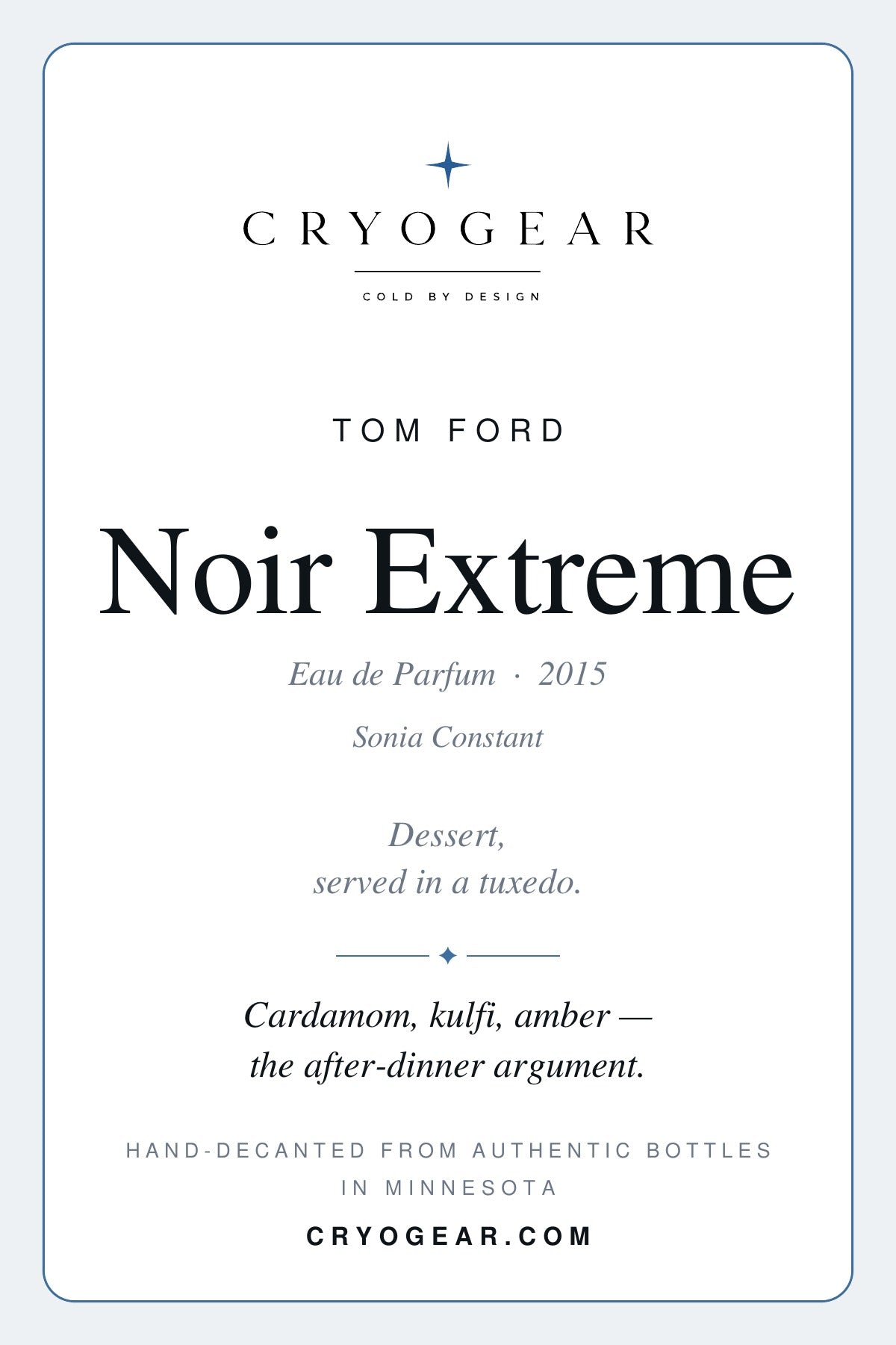 Cryogear scent card — Noir Extreme (front)