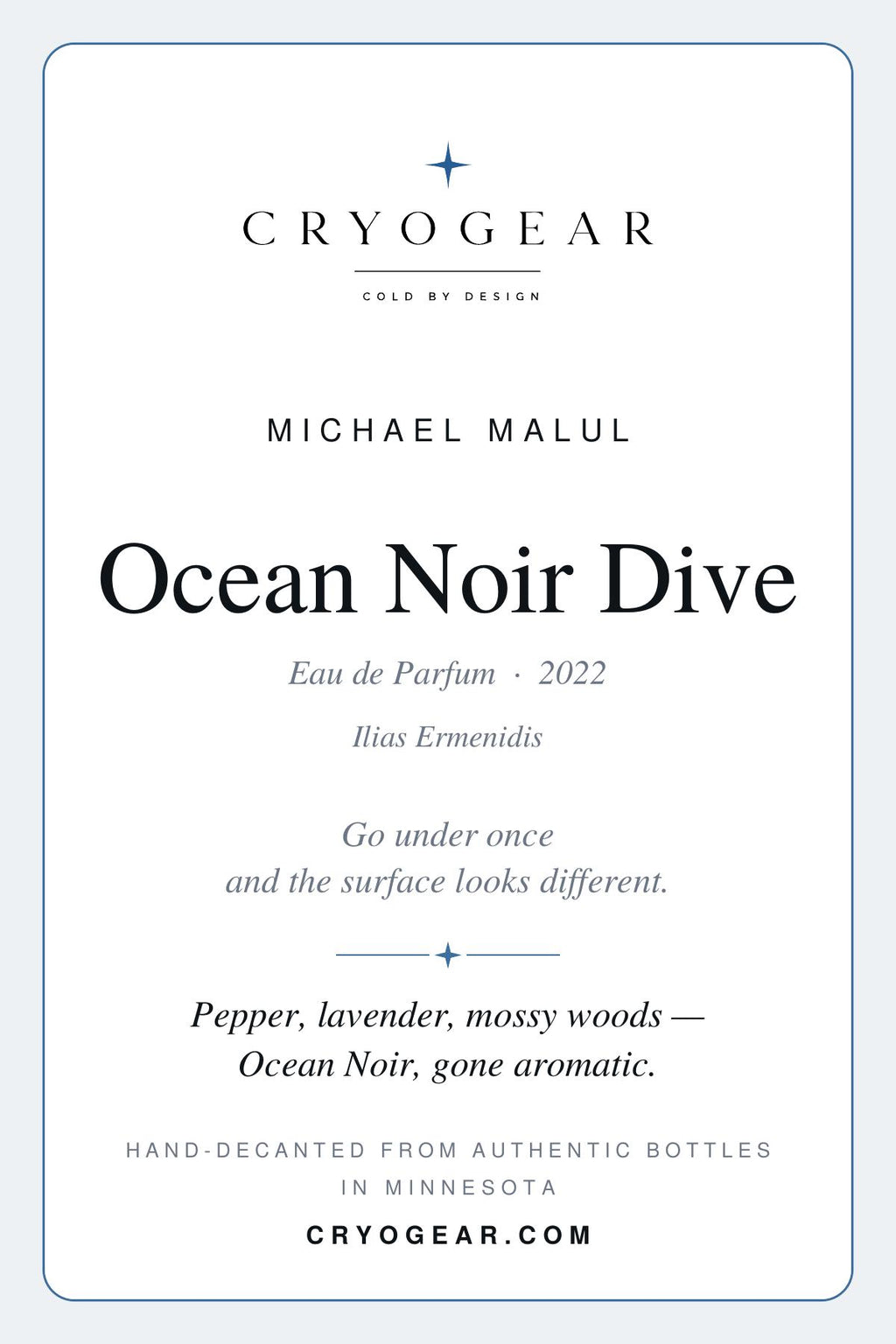 CryoGear scent card — Ocean Noir Dive (front)