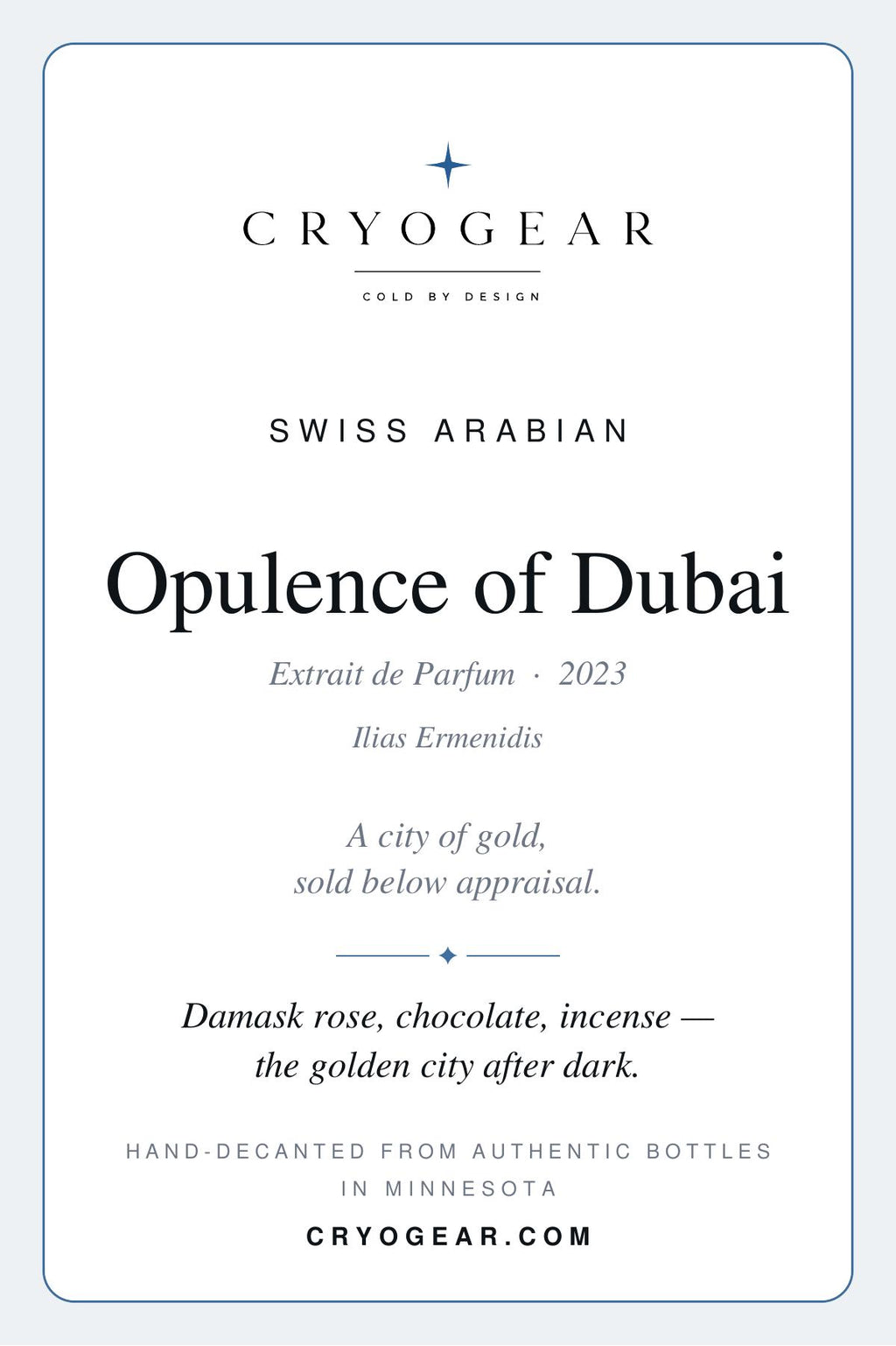 Swiss Arabian Opulence of Dubai scent card — front