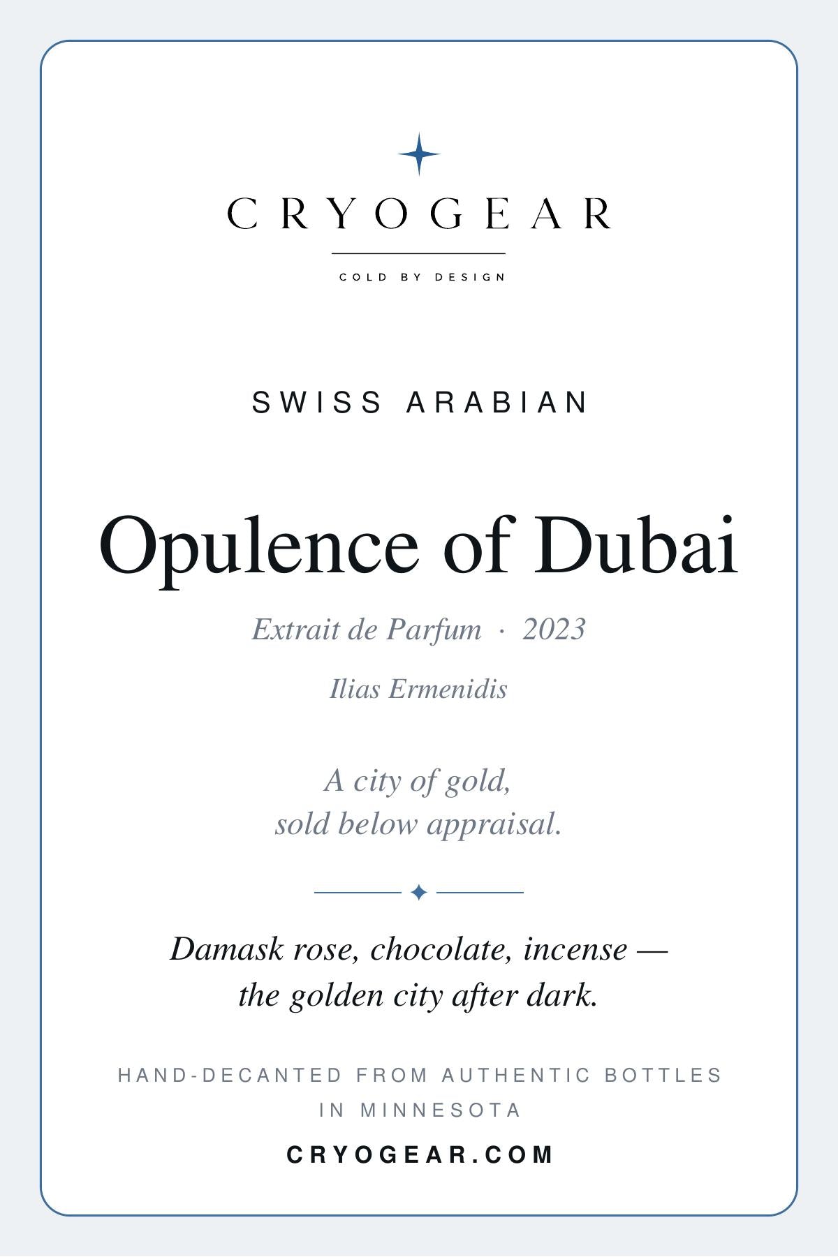 Swiss Arabian Opulence of Dubai scent card — front