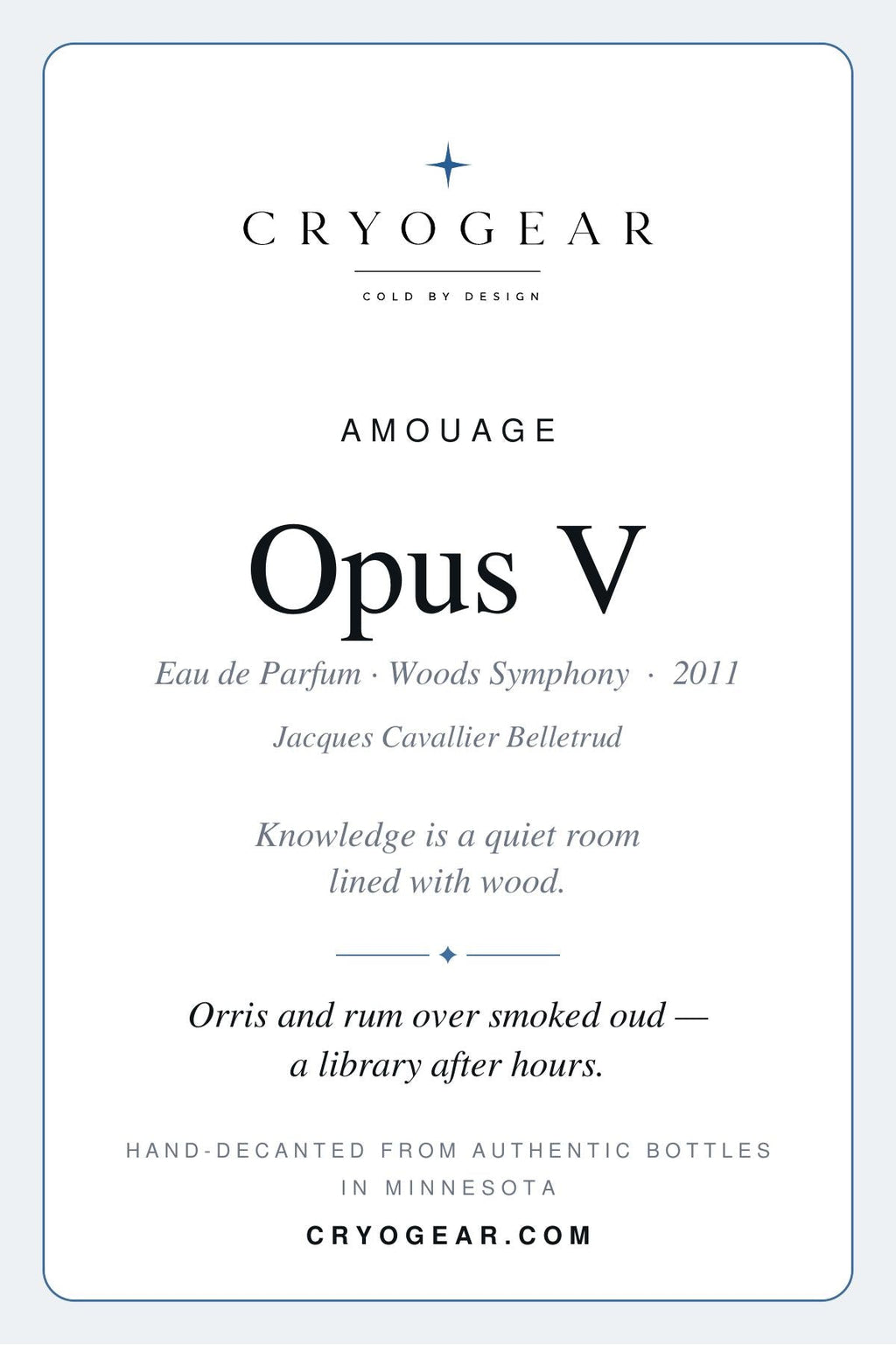 Amouage Opus V Woods Symphony scent card — front