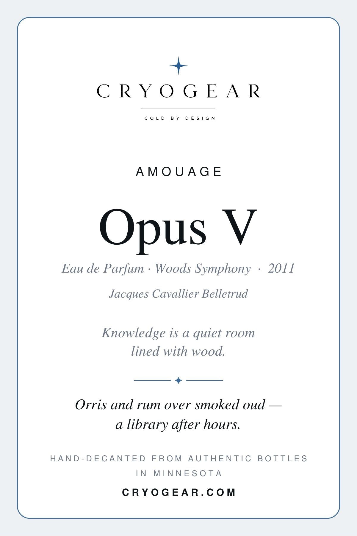 Amouage Opus V Woods Symphony scent card — front